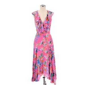 SALONI Womens Pink Floral Print Rita Silk Ruffle Flutter Midi Dress Size 8